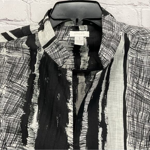 Chico's Linen Blend Blazer Women's Size 1 (S/8) Black/White Abstract Lightweight - Picture 8 of 11